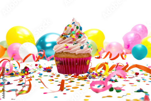 A cupcake surrounded by festive party decorations  such as balloons  streamers  and confetti. Isolated on white background