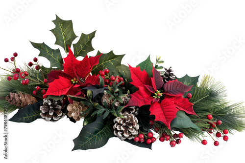 A festive holiday arrangement of poinsettias, holly berries, and pine cones. ,Isolated on white background