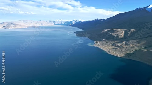 Mountain lake Pangong, aerial view of the Himalayas, Ladakh drone video photo