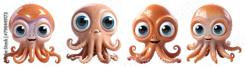 3D cute little squid on Transparent Background