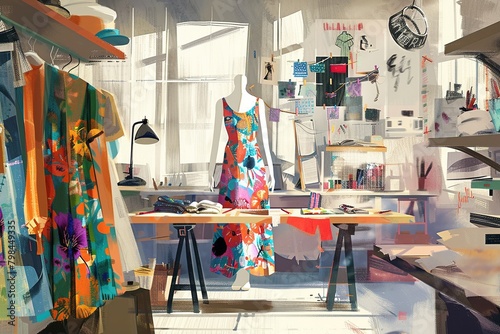 An illustration of a fashion student's studio, with a mannequin adorned with experimental designs
