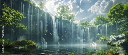 The photo shows a beautiful waterfall in a lush green forest. The water is crystal clear and the sun is shining brightly  creating a magical atmosphere.