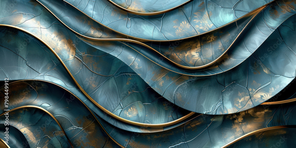 Abstract blue and gold wave pattern on textured wall background with vibrant blue color scheme and flowing design - obrazy, fototapety, plakaty 