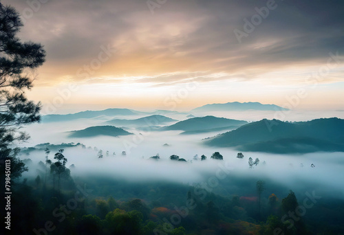 'colorful forest valley beautiful pine spruce foggy Fog Mountains trees mountain autumn sky Thailand fog clouds low sunrise bright Phetchabun forest Background Summer Travel Nature Tree Landscape' photo
