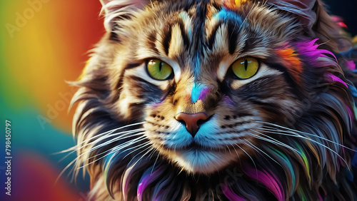 portrait of a cat Neon Mainecoon Cat Rainbow Fractal in 3D Vector  photo