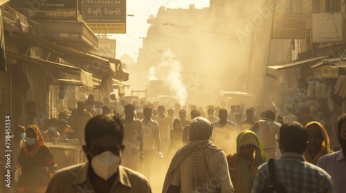 Dusty City Street in India During Drought: People in Masks, Scarce Water Vendors photo