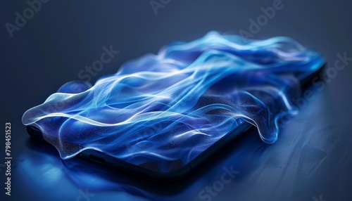 The image shows a blue and black background with a blue glowing wave flowing over a black smartphone. photo