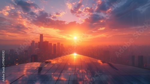 Futuristic Solar Panels Integrated into Urban Skyscrapers with Dramatic Cityscape Background - Innovative Urban Design Concept Image photo