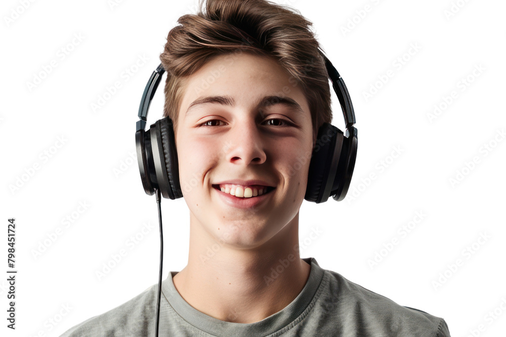 A young man with a genuine smile, wearing stylish over-ear headphones, isolated on a white background A young man with a genuine smile, wearing stylish over-ear headphones, isolated on a white background