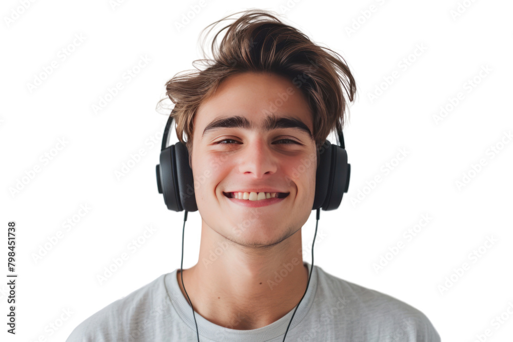 A young man with a genuine smile, wearing stylish over-ear headphones, isolated on a white background A young man with a genuine smile, wearing stylish over-ear headphones, isolated on a white background