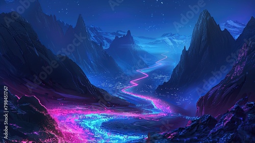 This is a picture of a valley between two mountains. There is a river running through the valley and the sky is dark with a few stars. The mountains and the river are glowing with bright neon colors. 