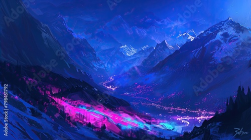 This is a picture of a valley between two mountains. There is a river running through the valley and the sky is dark with a few stars. The mountains and the river are glowing with bright neon colors. 
