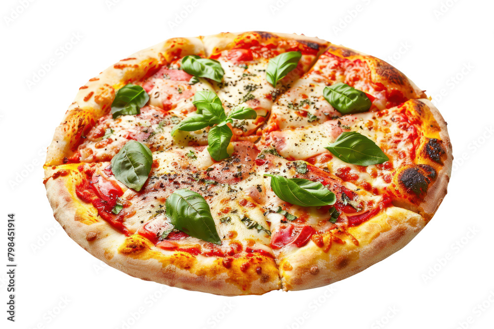 Classic Pizza Sprinkled with tomato sauce, cheese, mozzarella, black pepper, basil isolated on white background.