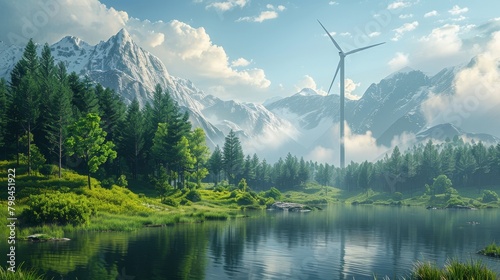 The image shows a beautiful landscape with a lake, mountains and a windmill. The sky is blue and the sun is shining. The image is very peaceful and relaxing. photo