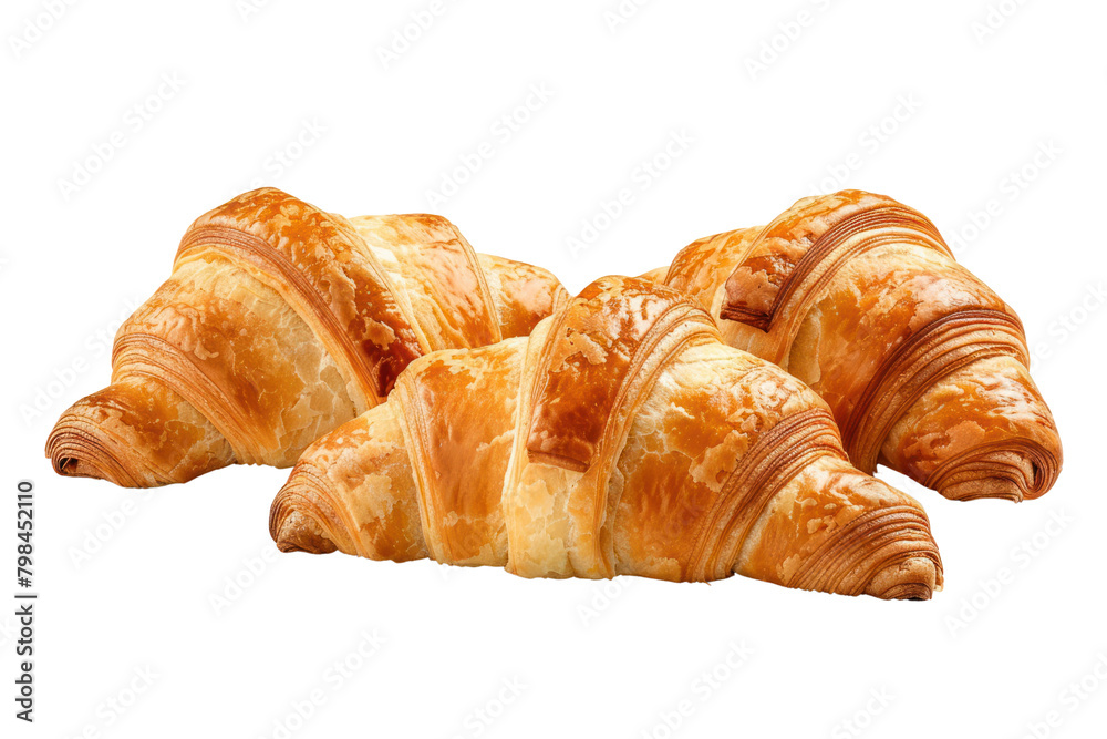 Fresh butter croissants, thin and crispy dough isolated on white background.