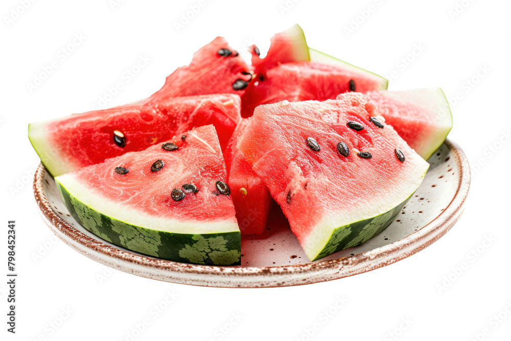 Juicy red watermelon, cut into pieces, placed on a plate isolated on white background.