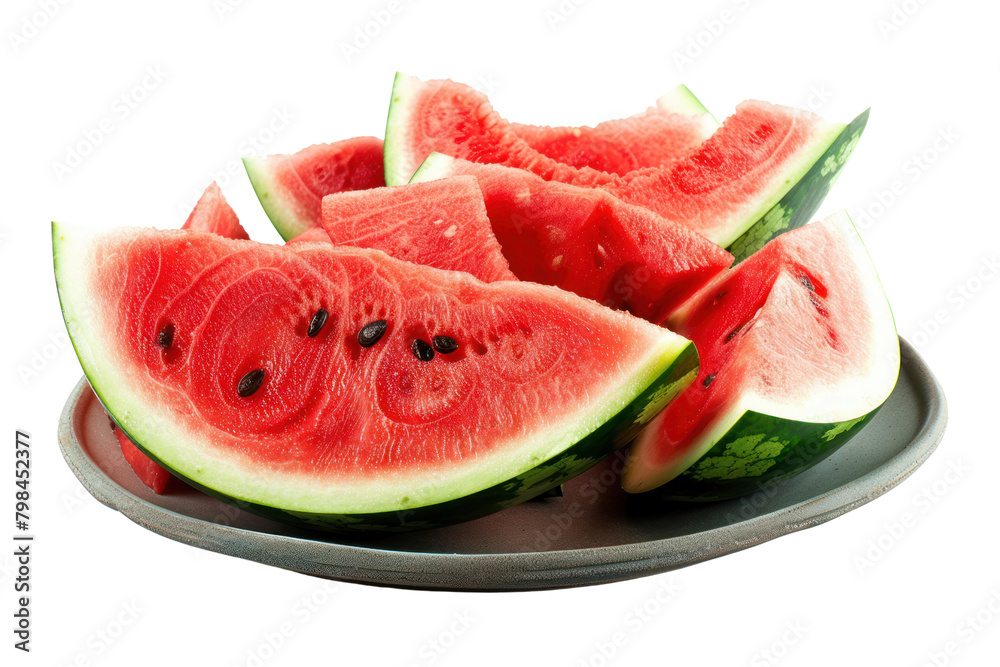 Juicy red watermelon, cut into pieces, placed on a plate isolated on white background. Juicy red watermelon, cut into pieces, placed on a plate isolated on white background.