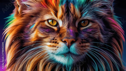 close up of a cat Neon Mainecoon Cat Rainbow Fractal in 3D Vector  photo