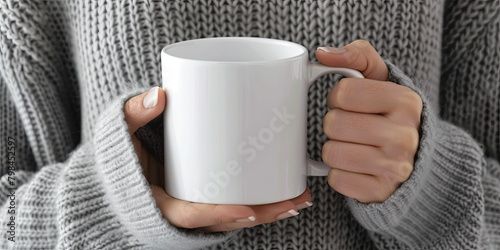 mockup of a woman's hand holding a blank white coffee mug, generative AI