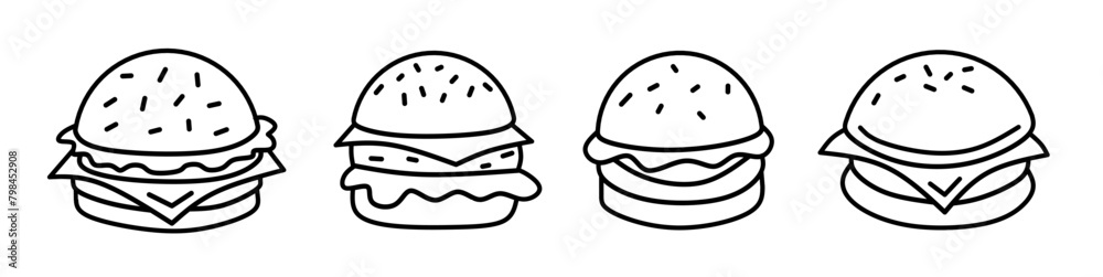 Burger icon. Burger thin line icon collection. Stock vector. Burger icon. Burger thin line icon collection. Stock vector.