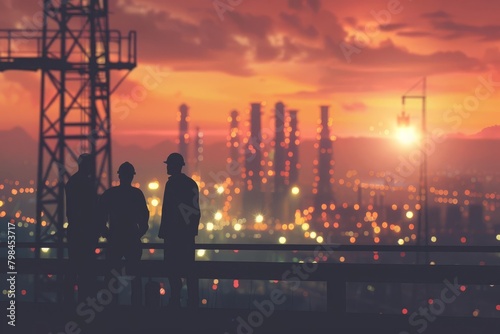 silhouetted construction team at dusk blurred industrial backdrop concept illustration