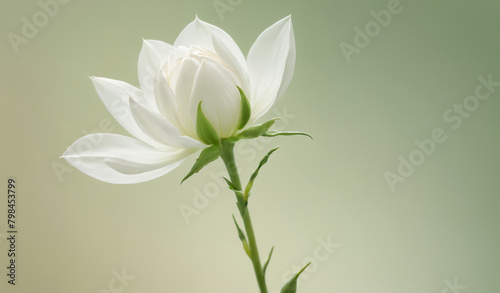 A delicate white flower and a green bud on slender stems against a soft gradient