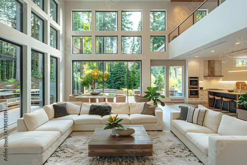 Beautiful living room interior in new luxury home with open concept floor plan, showing kitchen, dining room, and wall of windows with amazing exterior.