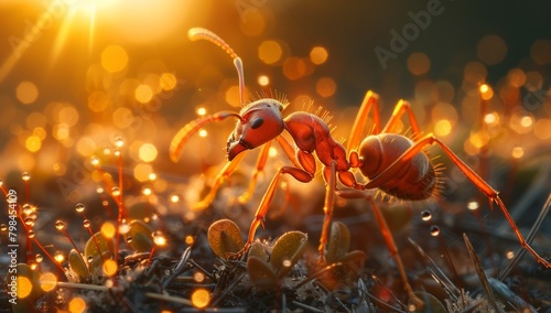 Golden Hour Ants: Nature's Tiny Workers Amidst the Wild Grass