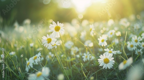 A beautiful spring meadow with daisies and grass in sunlight photo