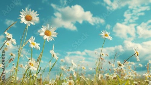 A beautiful spring meadow with daisies and grass in sunlight