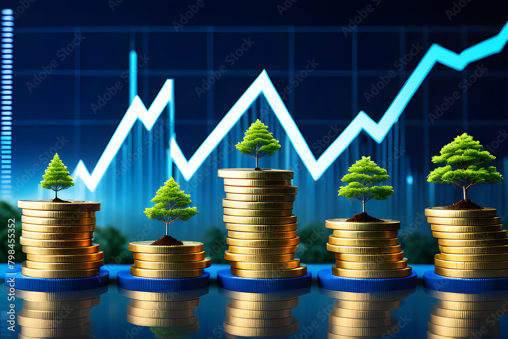Business chart with arrow pointing upwards, growth coins stacing, and trees illustrating financial growth Business chart with arrow pointing upwards, growth coins stacing, and trees illustrating financial growth