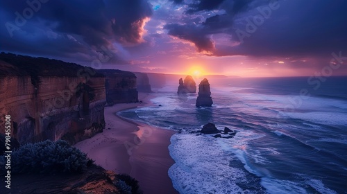The image shows a beautiful sunset over the Twelve Apostles, a series of limestone stacks off the coast of Victoria, Australia. The sky is a vibrant mix of oranges, pinks, and purples, and the water i photo