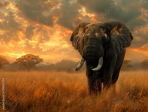 Golden Savannah Scene with Majestic Elephant
