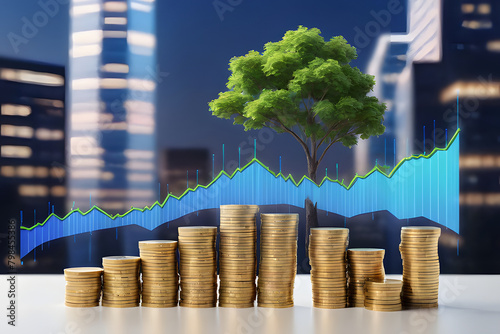 Business chart with arrow pointing upwards, growth coins stacing, and trees  illustrating financial growth photo