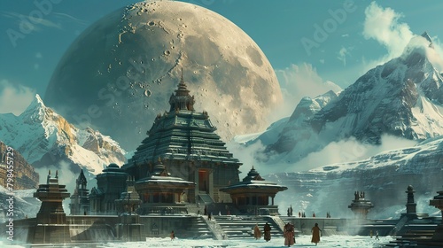 The image shows a temple or other building with white marble columns and domes, with a large moon behind it. There is snow on the ground and on the building.

 photo