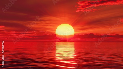 The image shows a red sunset over a calm sea.
