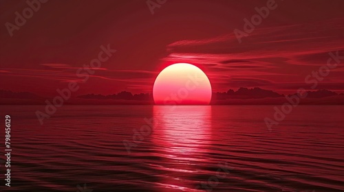 The image shows a red sunset over a calm sea.  