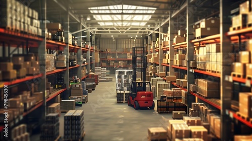 the bustling energy of a warehouse,  shelves stacked high with various goods, logistics, supply chain management, or industrial operations