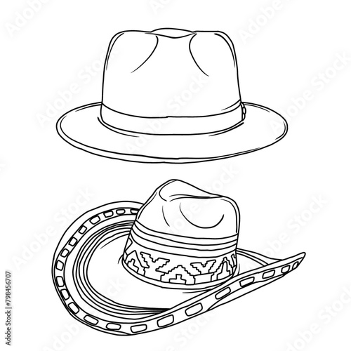 Vector various models of Hats doodle illustration hand drawn sketch line art, Containing Boater hat, Sombrero hat models isolated on white background, For kids coloring book.