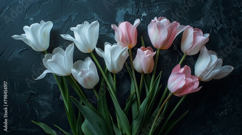 An elegant flat lay featuring a beautiful bouquet of white and pink tulips set against a dark background perfect for occasions like Women s Day Mother s Day Valentine s Day birthdays or as 