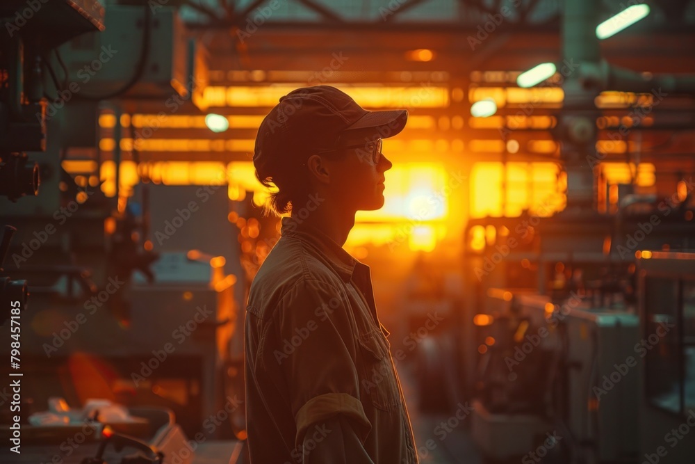 As the sun rises on International Labor Day, a factory worker reflects on the rhythm of machines and the pulse of humanity. - obrazy, fototapety, plakaty 