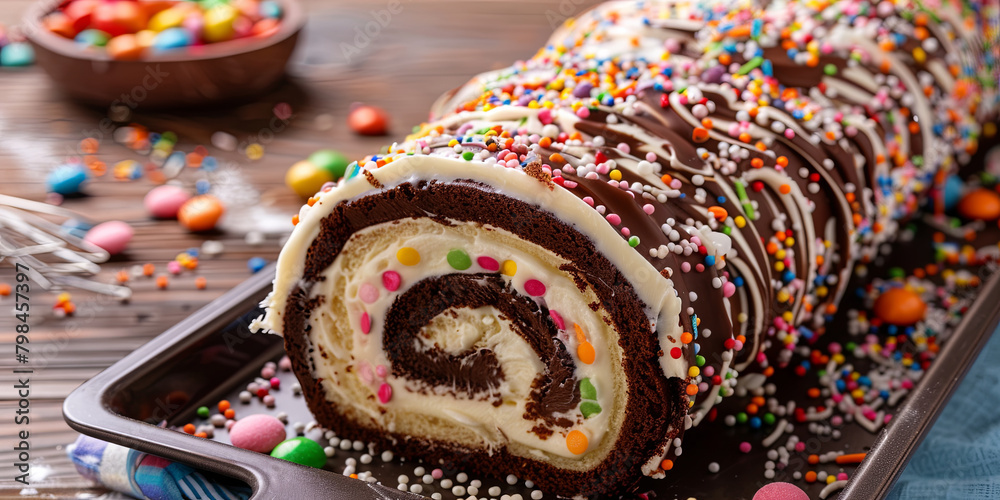 Naklejka premium a large roll cake with chocolate and cream swirls, generative AI