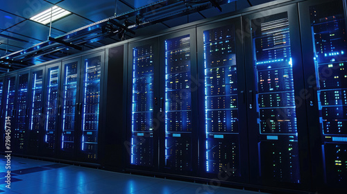 Server Room with Illuminated Racks in Modern Data Center