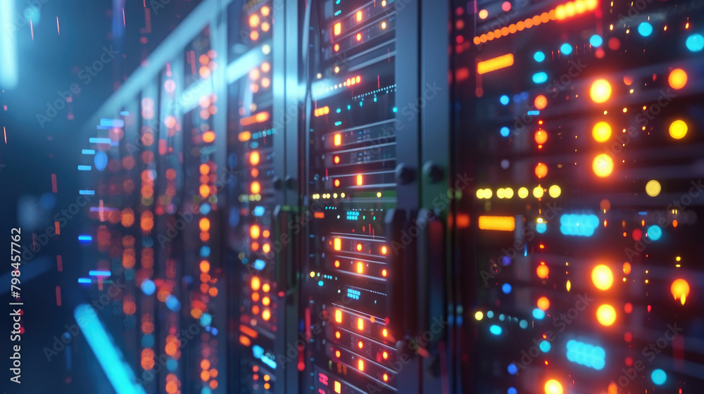 Server Room with Illuminated Racks in Modern Data Center Server Room with Illuminated Racks in Modern Data Center