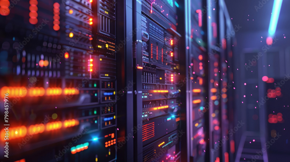 Server Room with Illuminated Racks in Modern Data Center