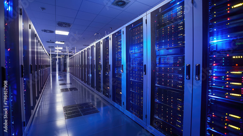 Server Room with Illuminated Racks in Modern Data Center