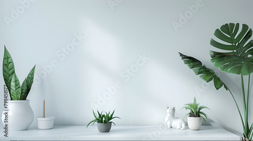 a minimalist style wallpaper featuring a 3d cad rendering of an object on a white soft background ,Plant and vase in the interior, Minimalistic light background photo