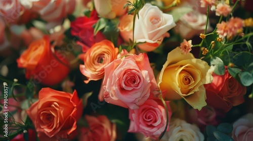 A collection of various colored roses tightly packed in a bouquet, showcasing hues of red, pink, yellow, and white. The roses are displayed in a vibrant and colorful arrangement. © Justlight
