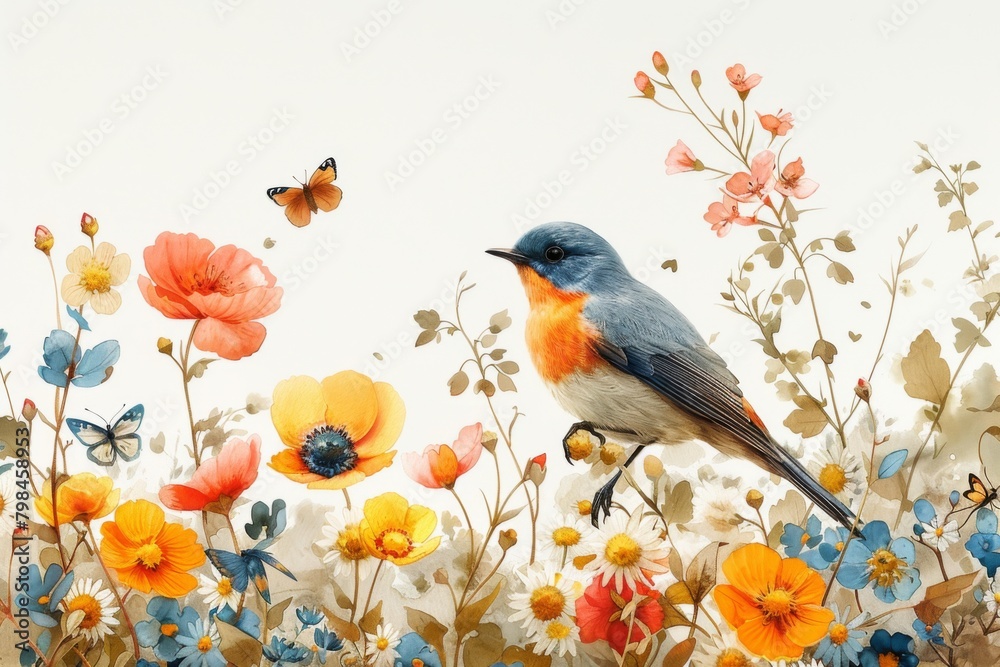 Watercolor painting of a bird sitting on a branch with red flowers
