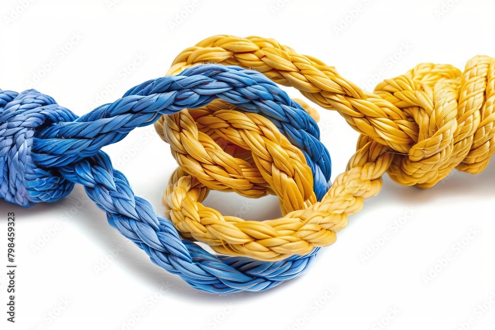 two skeins of safety rope tied in grapevine knot blue and yellow isolated on white digital illustration